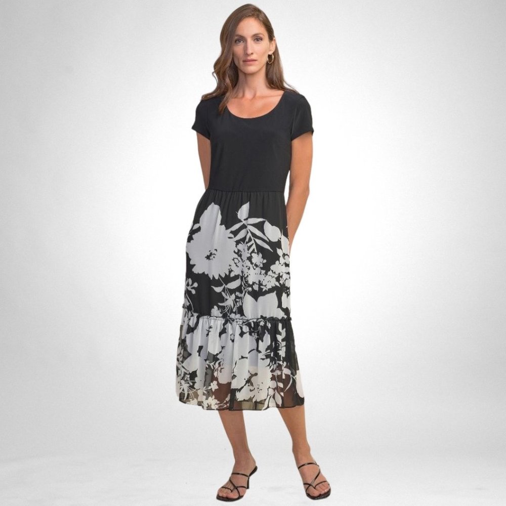 NWT Size 8 Joseph Ribkoff Black/White Tiered Sheer Floral Midi Dress 211485